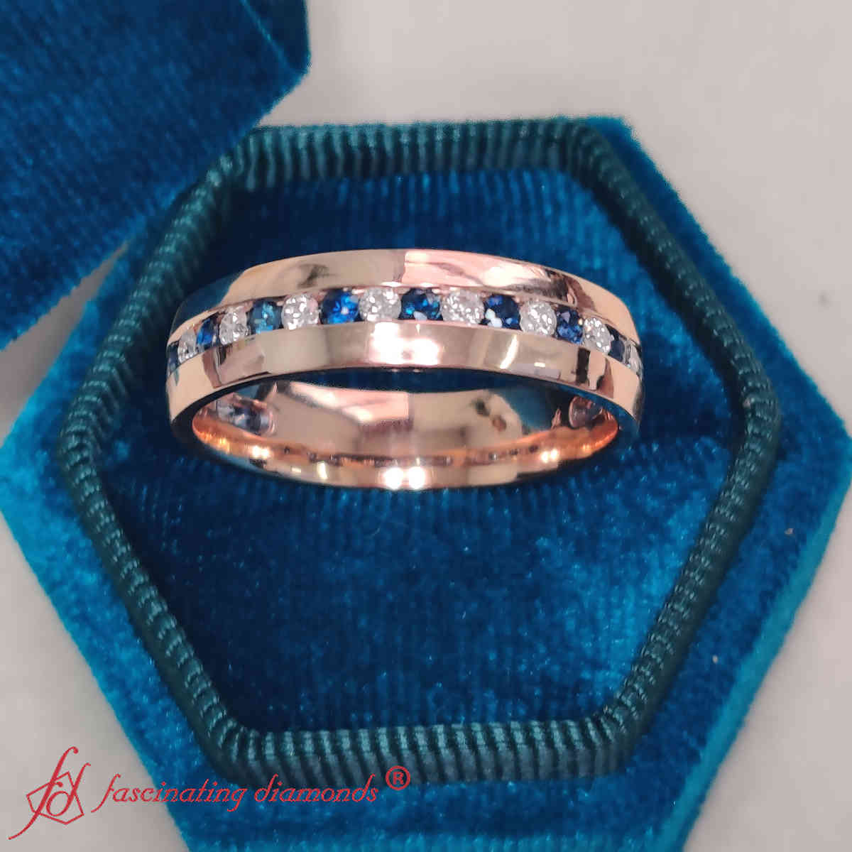 Mens Channel Set Wedding Ring with 14K Rose Gold Blue Sapphire
