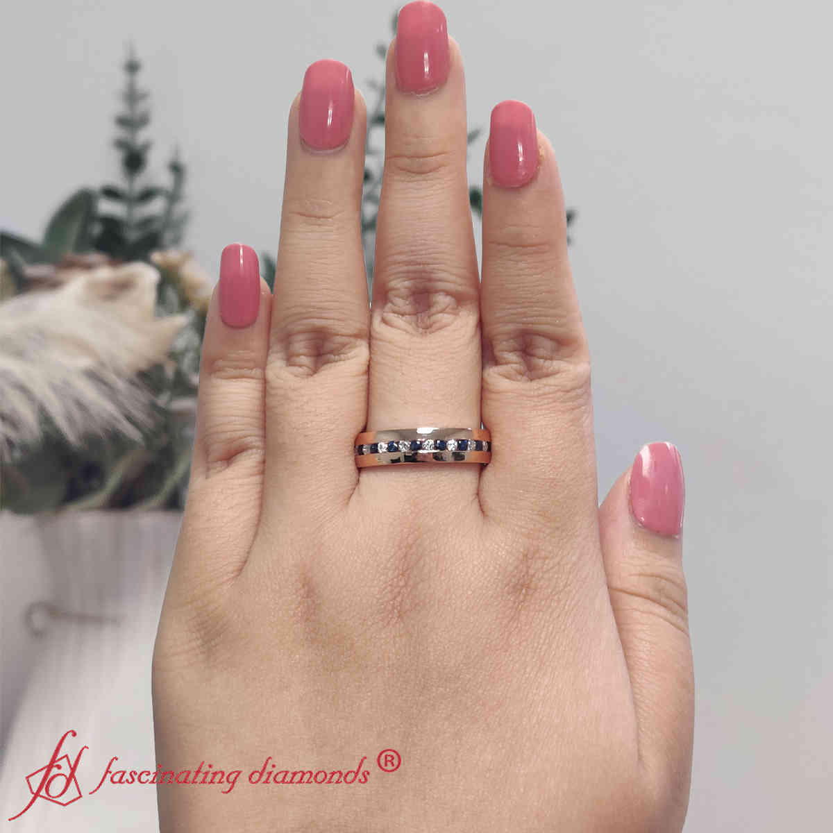 Mens Channel Set Wedding Ring with 14K Rose Gold Blue Sapphire