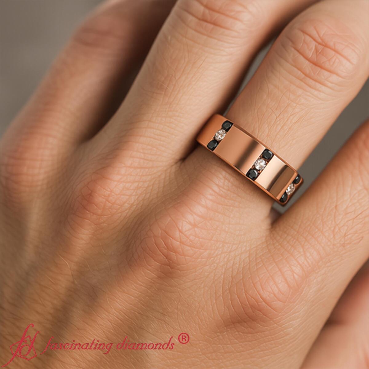 Channel Set 3 Stone Mens Anniversary Ring with 14K Rose Gold Black Diamond