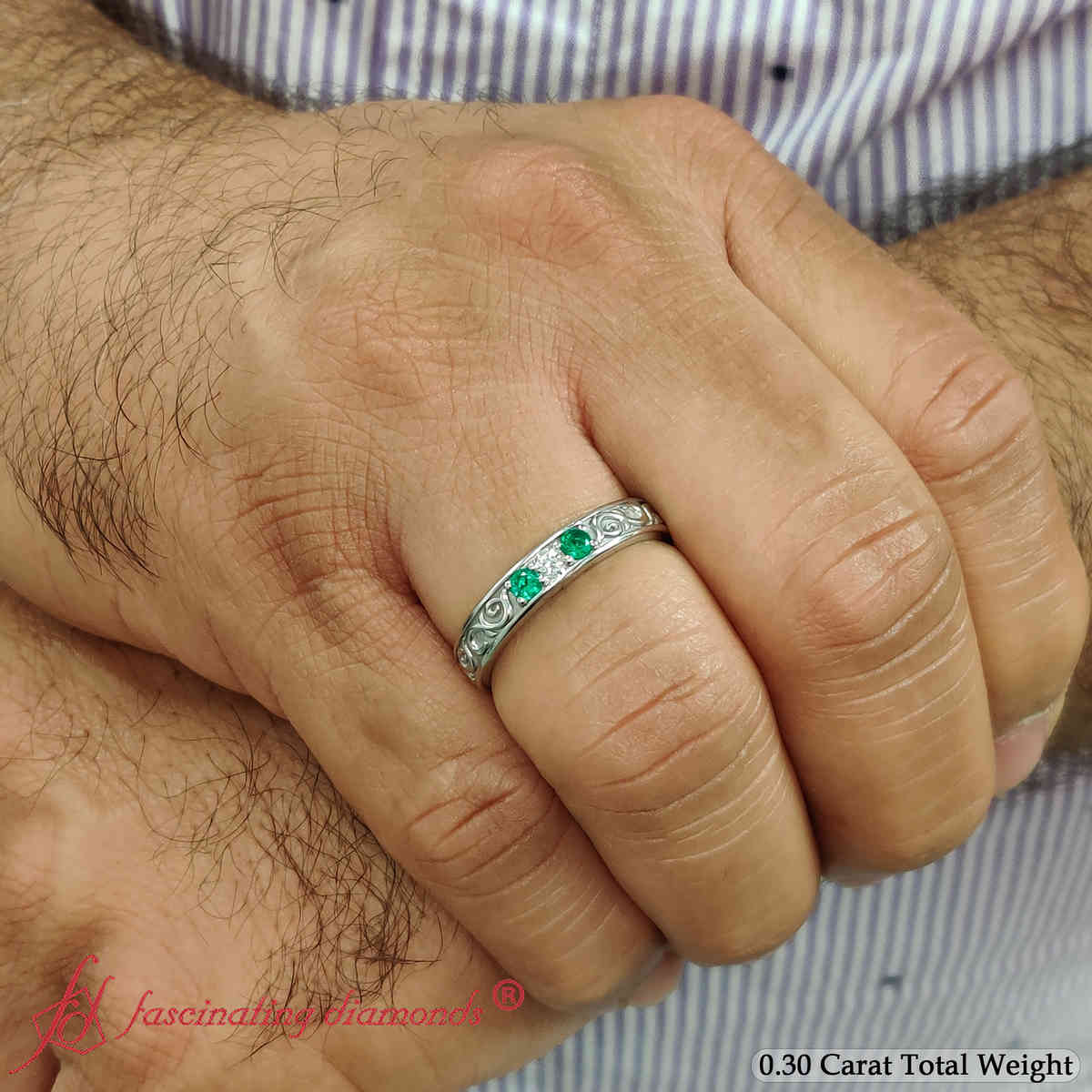 Classic Mens 3 Stone Wedding Band with 14K White Gold Green Emerald