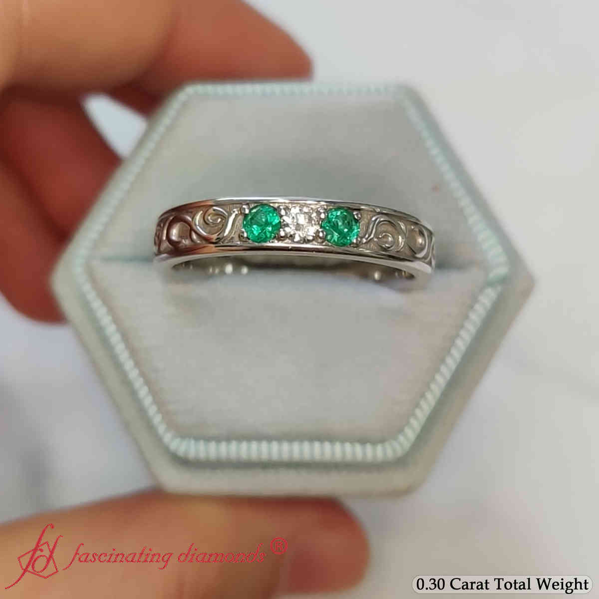 Classic Mens 3 Stone Wedding Band with 14K White Gold Green Emerald