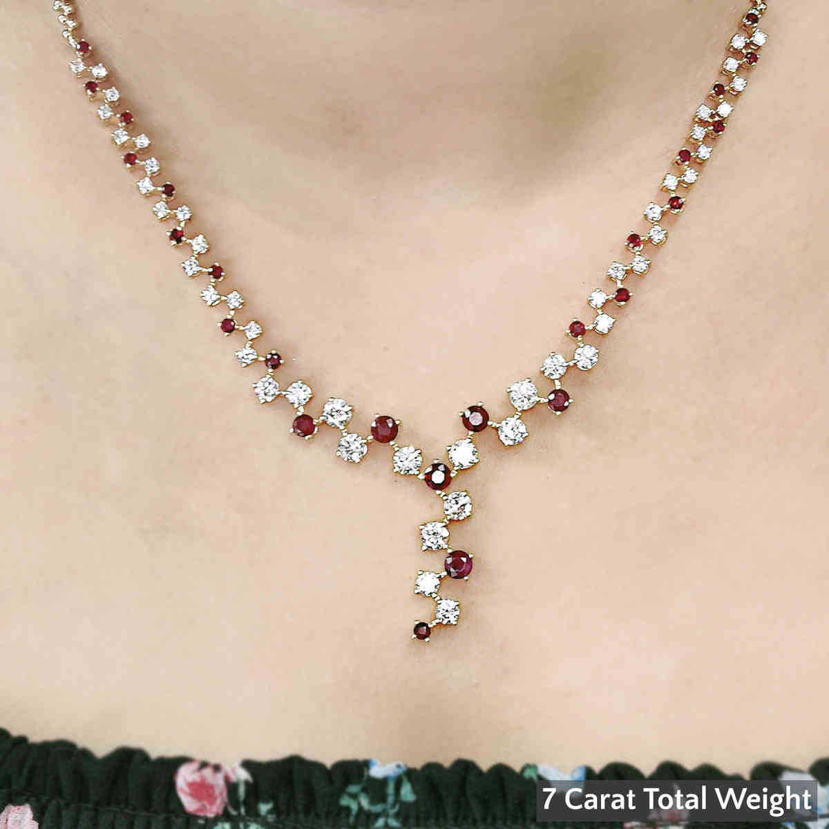 Graduated Single Line Drop Necklace with 14K Yellow Gold Red Ruby