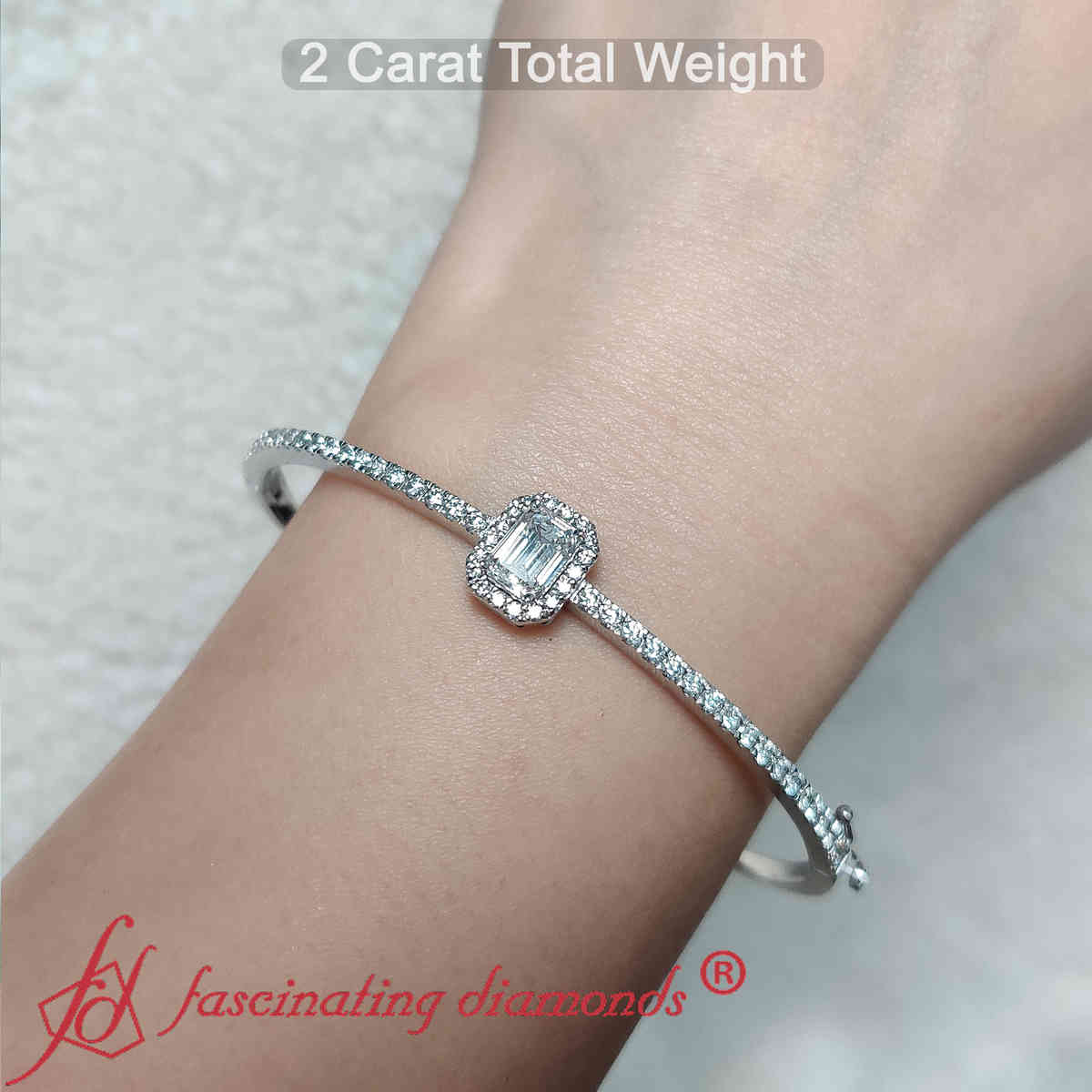 Emerald Cut Halo Style Bangle Bracelet with 14K White Gold White Diamond