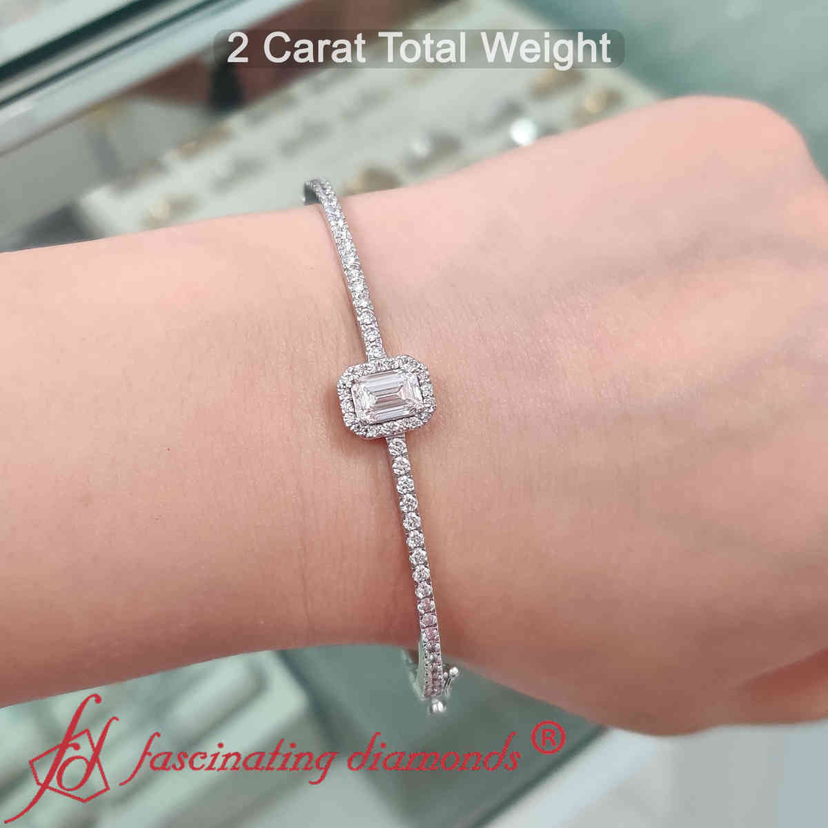 Emerald Cut Halo Style Bangle Bracelet with 14K White Gold White Diamond