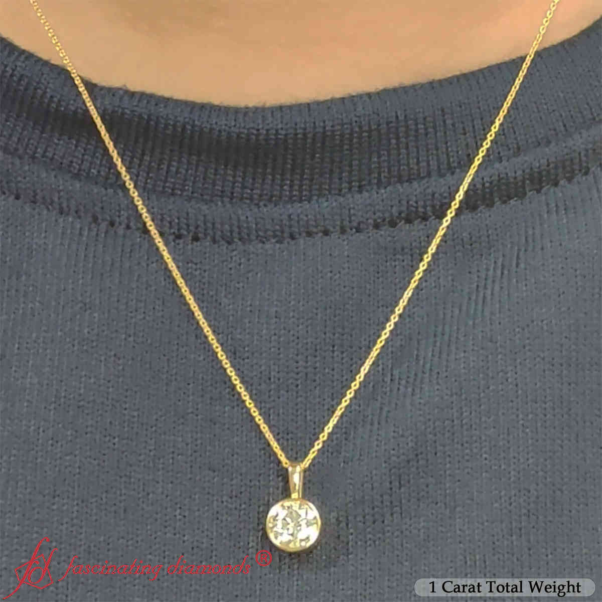 1 Carat Round Diamond Bezel Solitaire Pendant with 14K Yellow Gold White Diamond