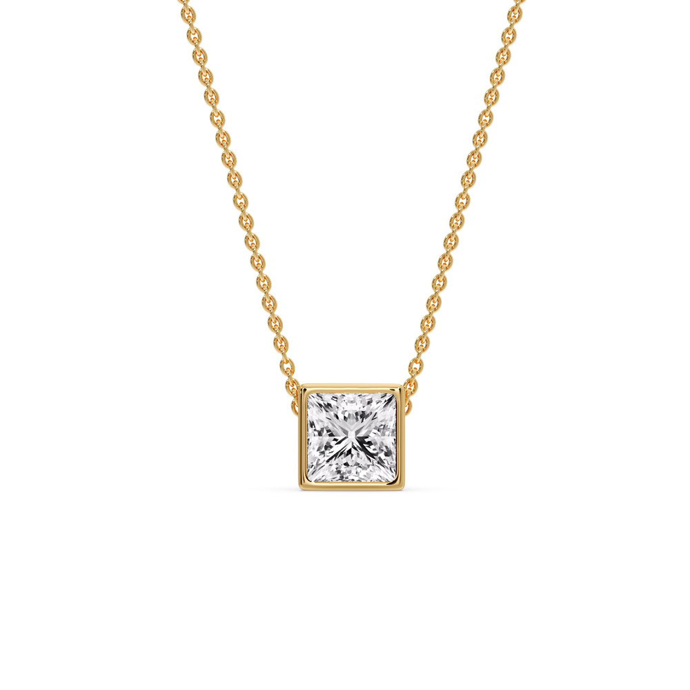 Bezel Princess Diamond Solitaire Necklace with 14K Yellow Gold White Diamond