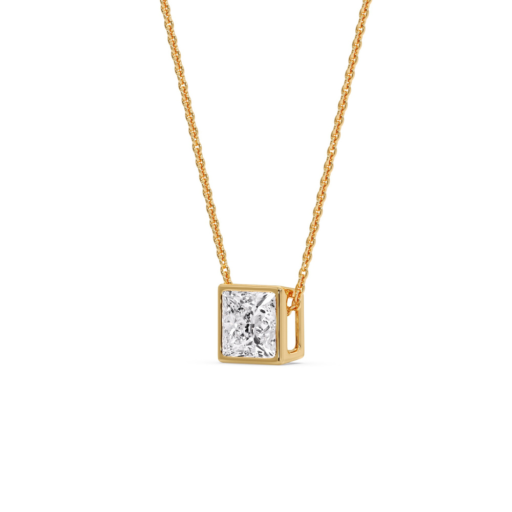 Bezel Princess Diamond Solitaire Necklace with 14K Yellow Gold White Diamond