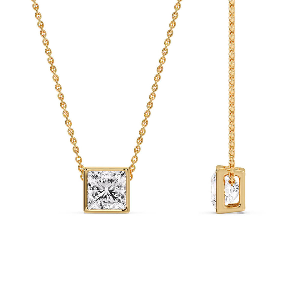 Bezel Princess Diamond Solitaire Necklace with 14K Yellow Gold White Diamond