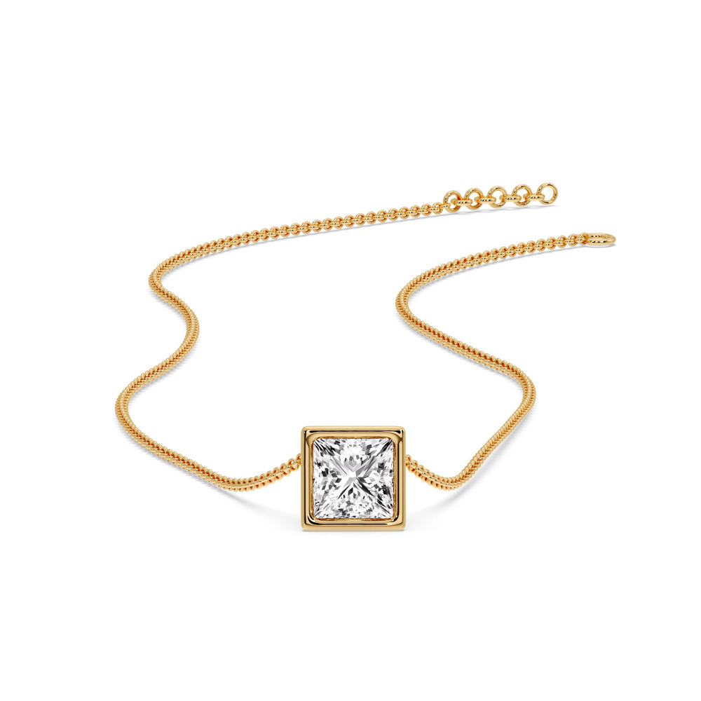 Bezel Princess Diamond Solitaire Necklace with 14K Yellow Gold White Diamond