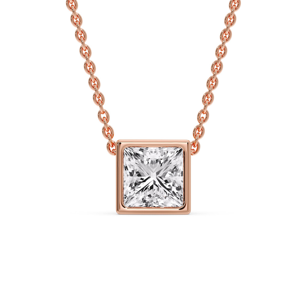 Bezel Princess Fancy Solitaire Pendant with 14K Rose Gold White Diamond