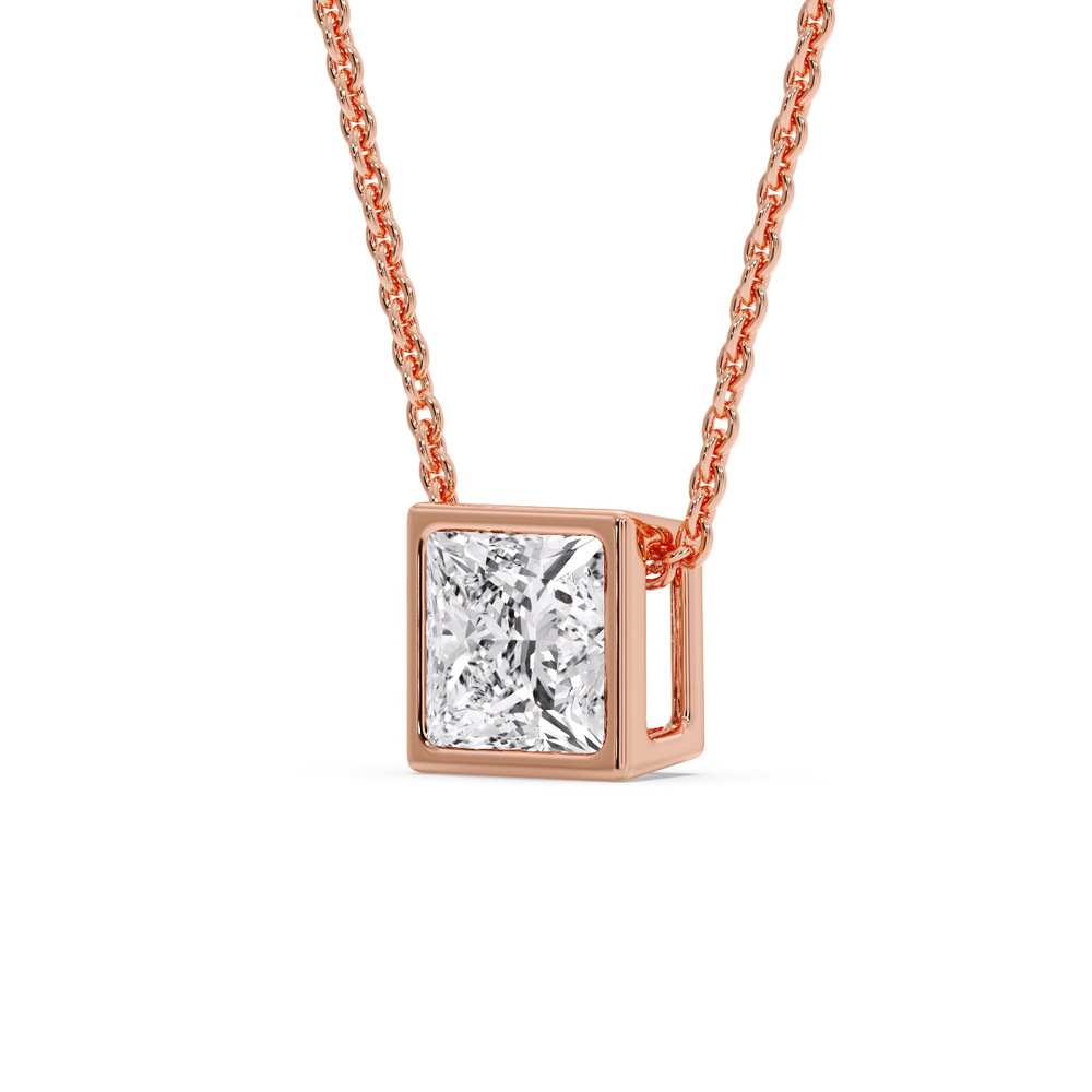 Bezel Princess Fancy Solitaire Pendant with 14K Rose Gold White Diamond