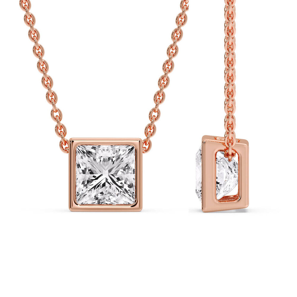 Bezel Princess Fancy Solitaire Pendant with 14K Rose Gold White Diamond