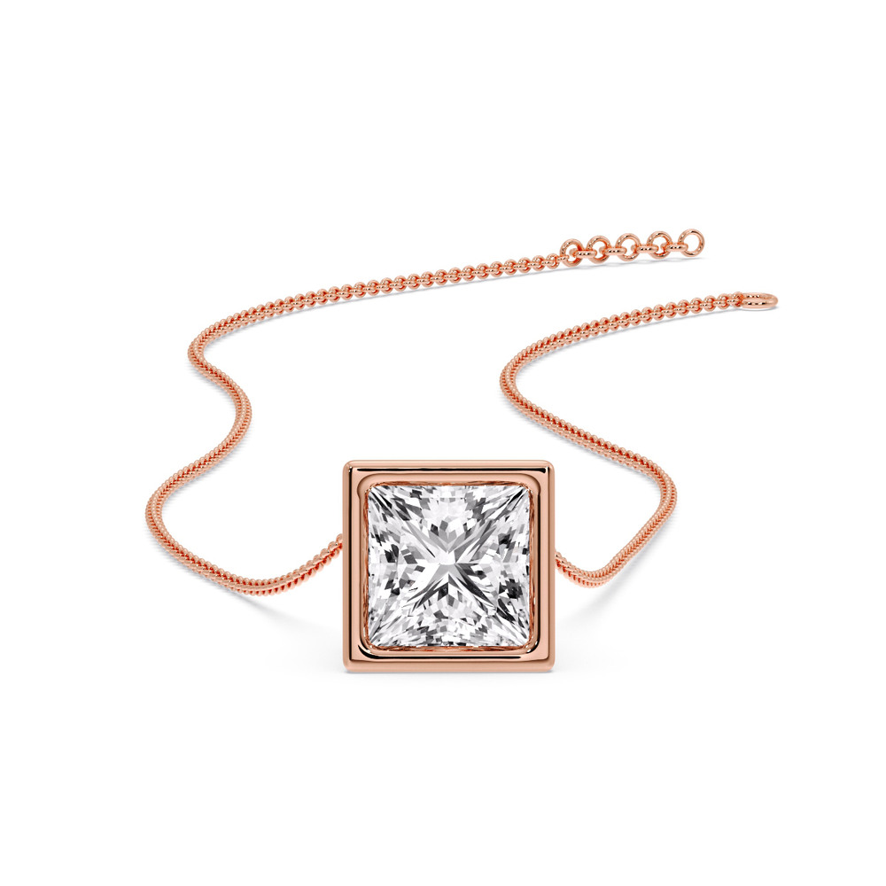 Bezel Princess Fancy Solitaire Pendant with 14K Rose Gold White Diamond