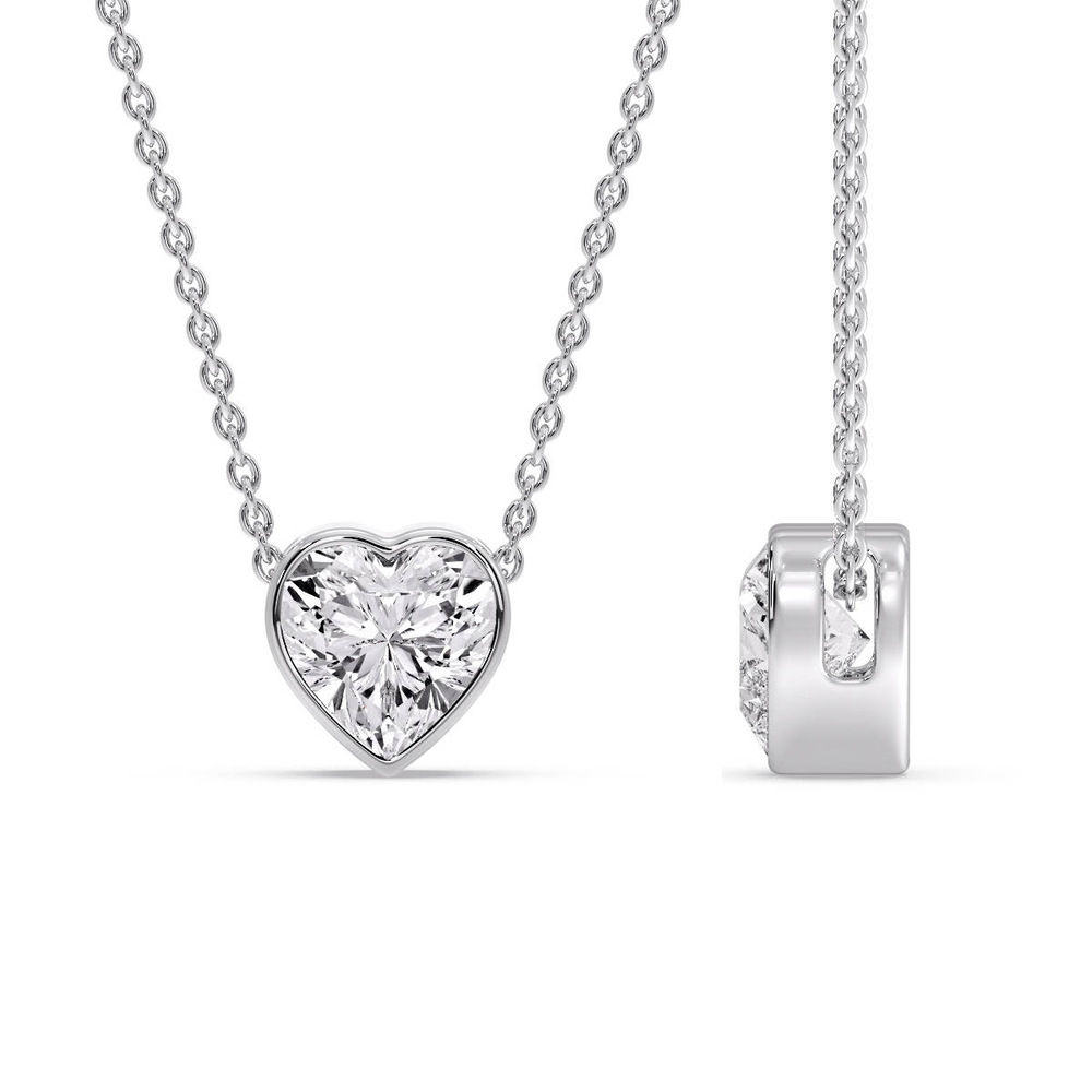 Bezel Set Heart Shape Diamond Necklace with 14K White Gold White Diamond