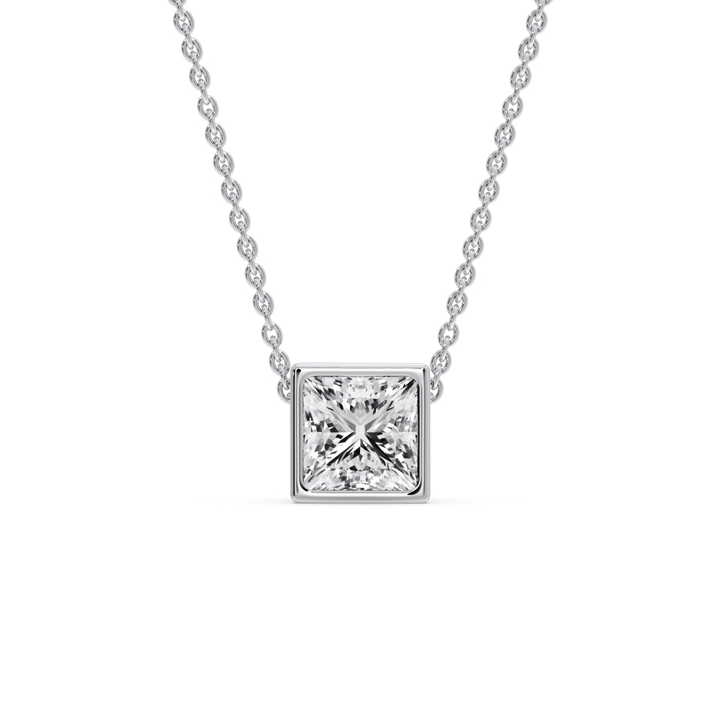 Classic Bezel Princess Diamond Pendant with 14K White Gold White Diamond