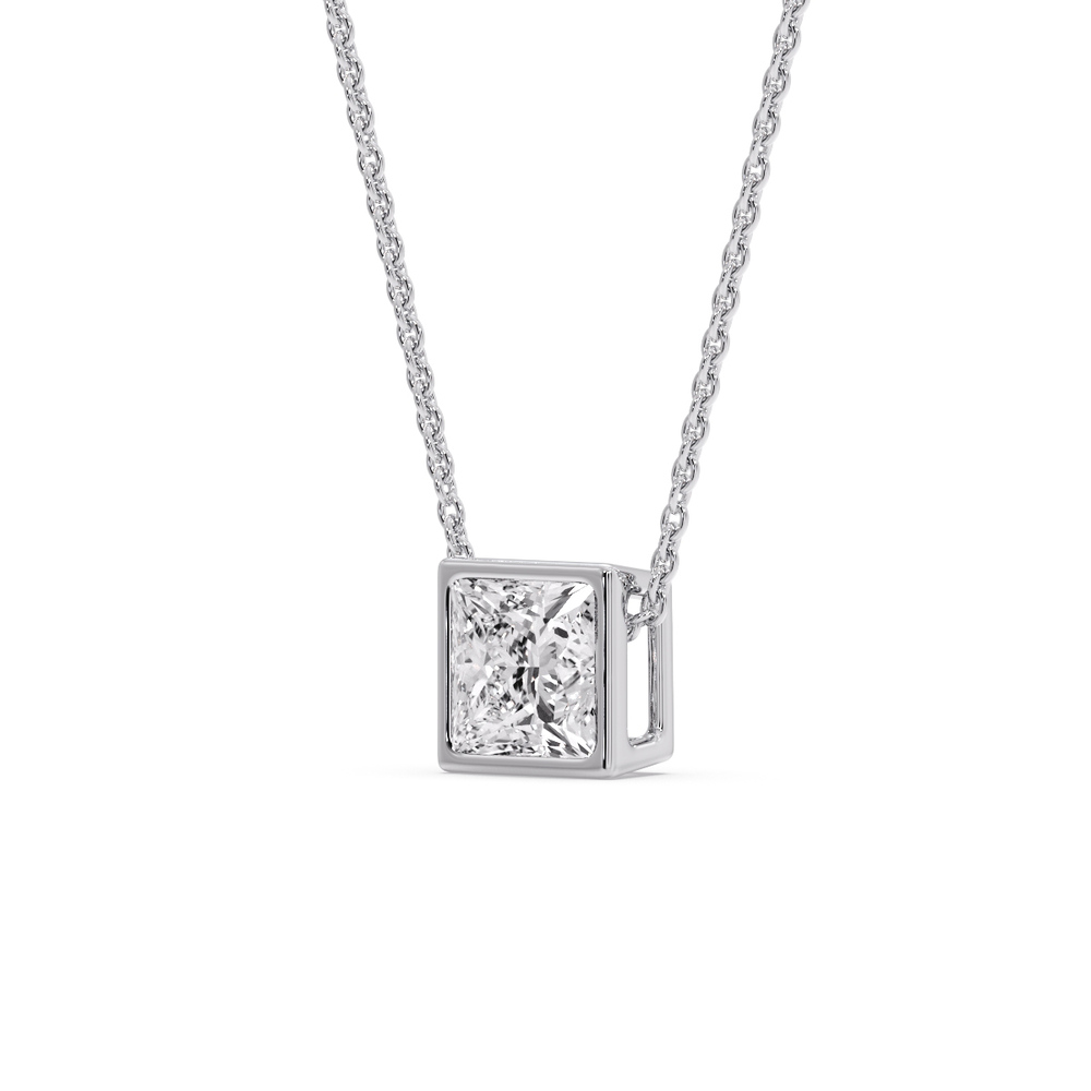 Classic Bezel Princess Diamond Pendant with 14K White Gold White Diamond