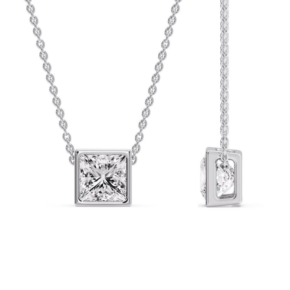 Classic Bezel Princess Diamond Pendant with 14K White Gold White Diamond