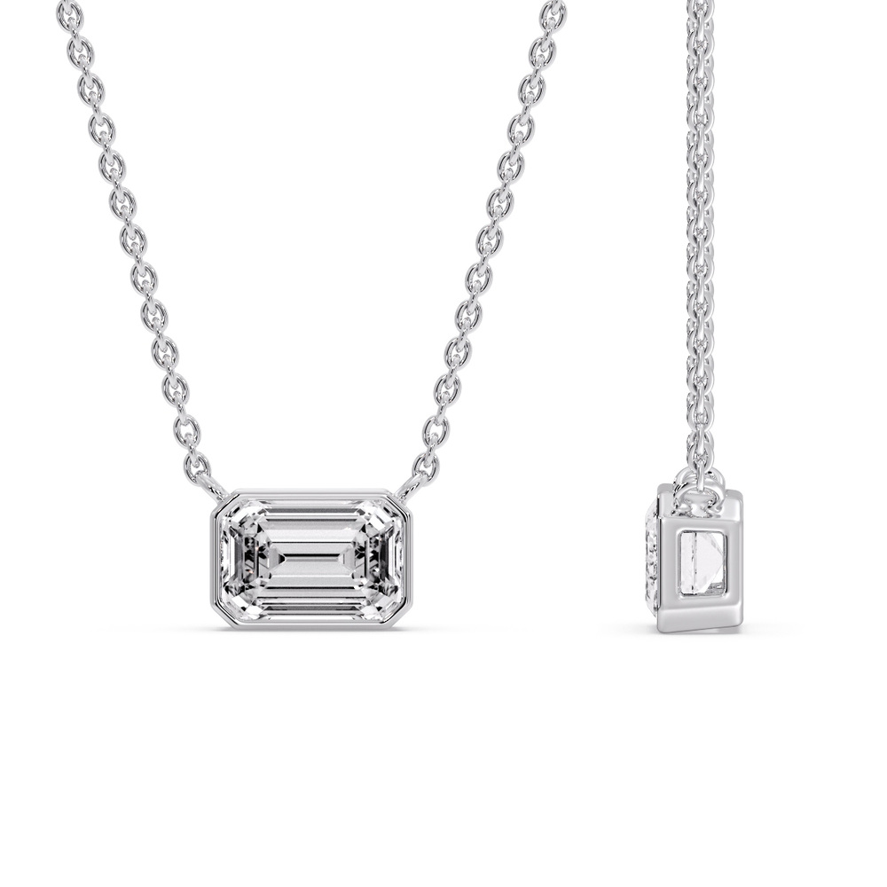 Classic Emerald Cut Diamond Bezel Pendant with 14K White Gold White Diamond