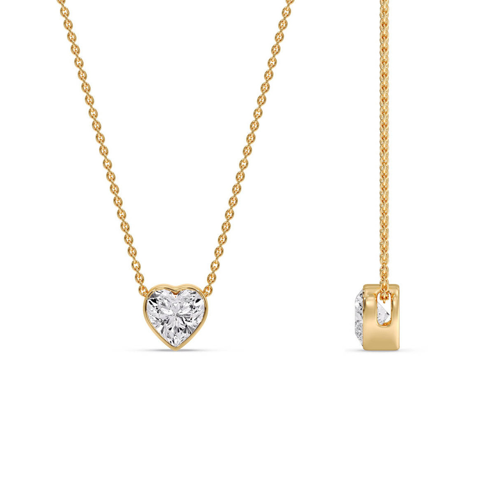 Dainty Bezel Heart Solitaire Diamond Necklace with 14K Yellow Gold White Diamond