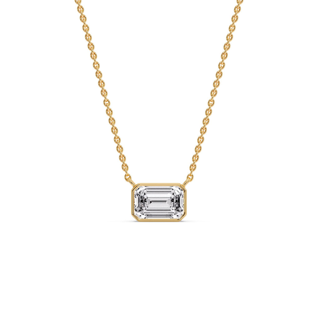 East West Emerald Diamond Solitaire Pendant with 14K Yellow Gold White Diamond
