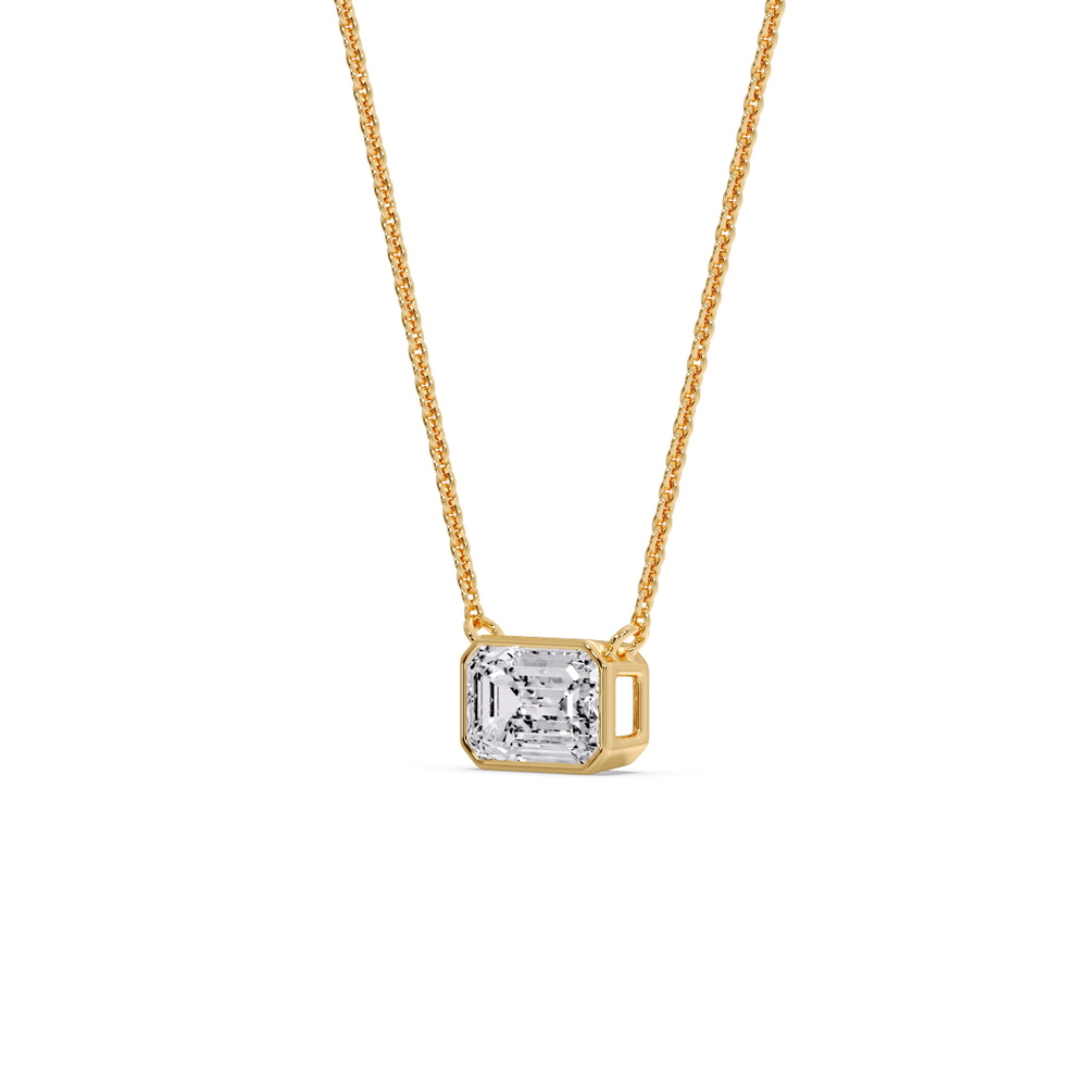 East West Emerald Diamond Solitaire Pendant with 14K Yellow Gold White Diamond