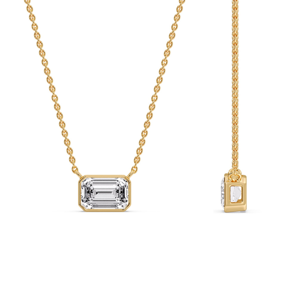 East West Emerald Diamond Solitaire Pendant with 14K Yellow Gold White Diamond