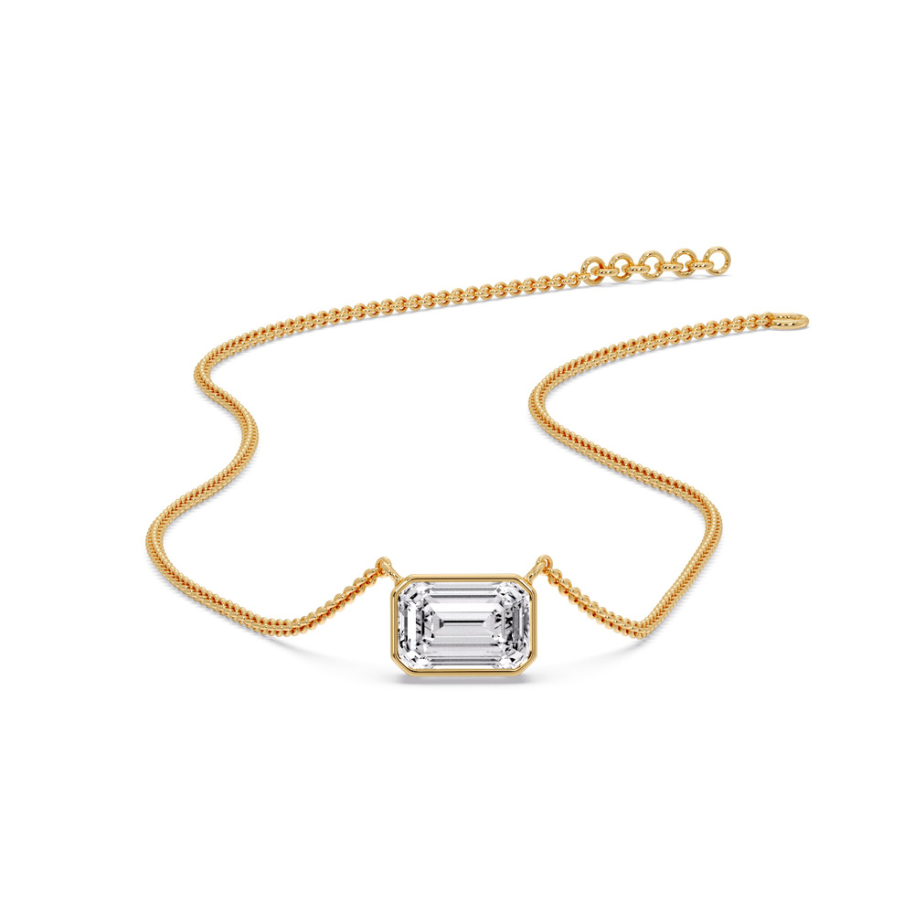 East West Emerald Diamond Solitaire Pendant with 14K Yellow Gold White Diamond