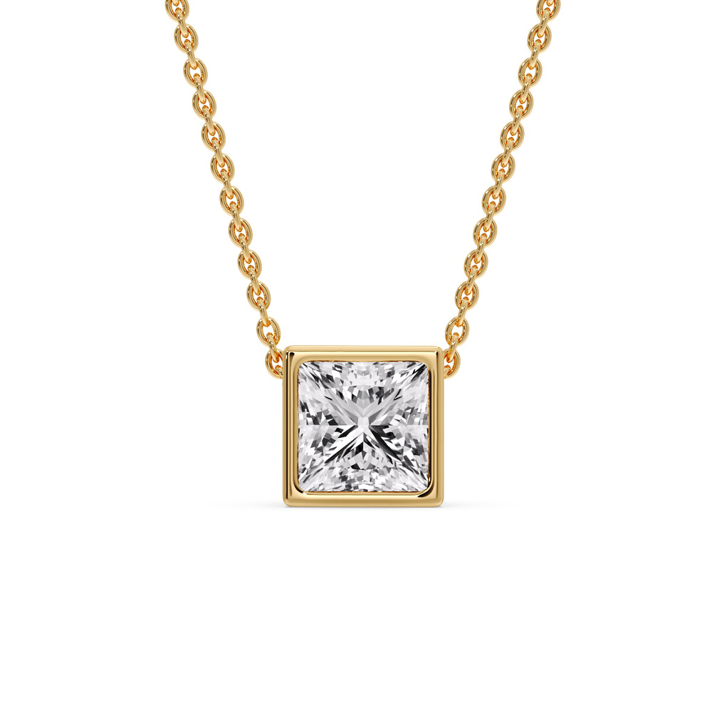 Elegant Princess Cut Solitaire Pendant with 14K Yellow Gold White Diamond