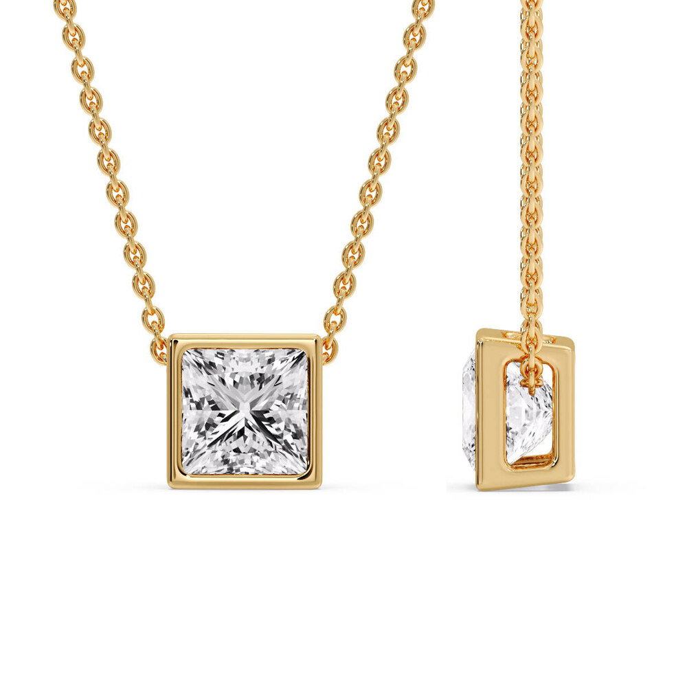 Elegant Princess Cut Solitaire Pendant with 14K Yellow Gold White Diamond