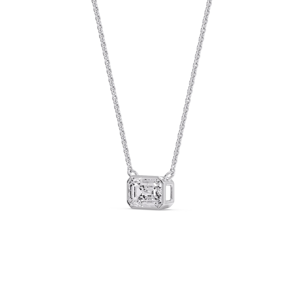 Emerald Cut Bezel Horizontal Solitaire Pendant with 14K White Gold White Diamond