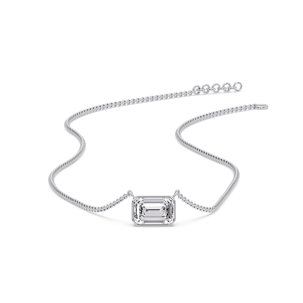 Emerald Cut Bezel Horizontal Solitaire Pendant with 14K White Gold White Diamond