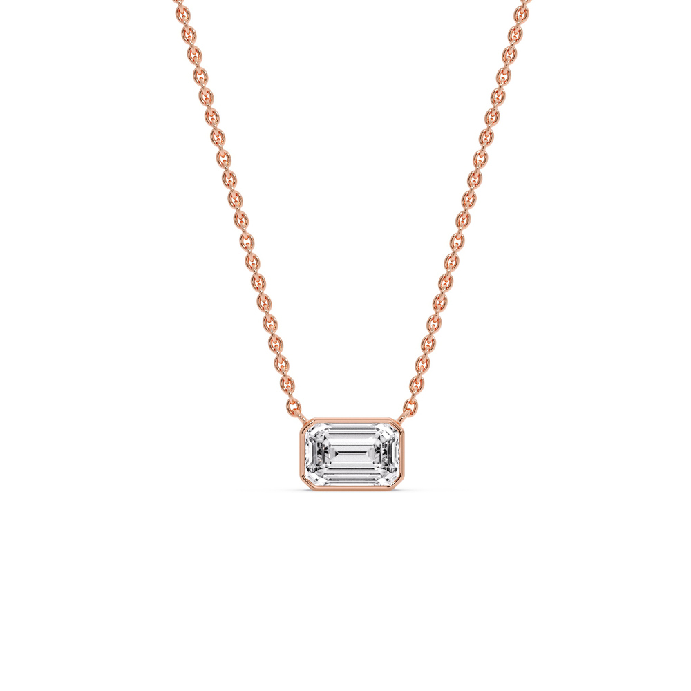 Emerald Diamond Bezel Set Solitaire Pendant with 14K Rose Gold White Diamond