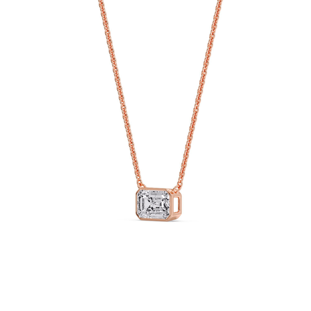 Emerald Diamond Bezel Set Solitaire Pendant with 14K Rose Gold White Diamond
