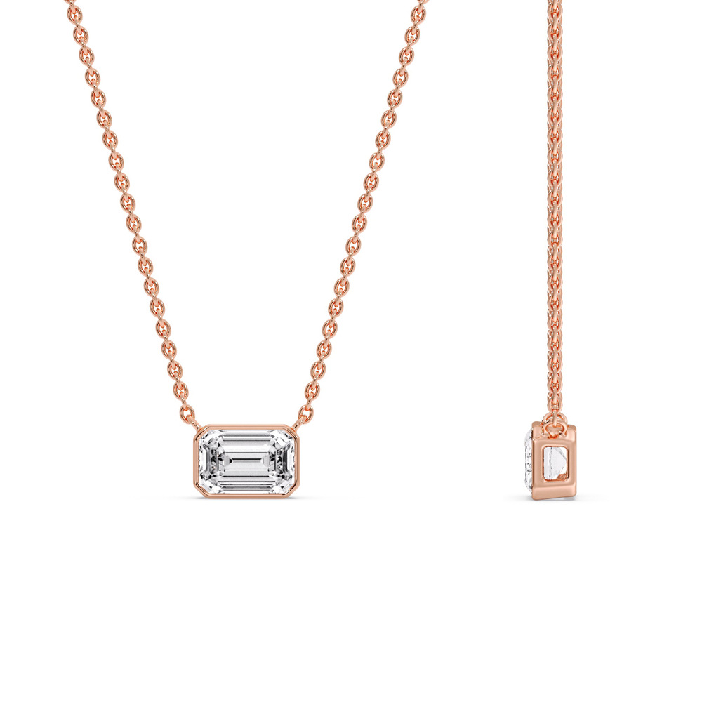 Emerald Diamond Bezel Set Solitaire Pendant with 14K Rose Gold White Diamond