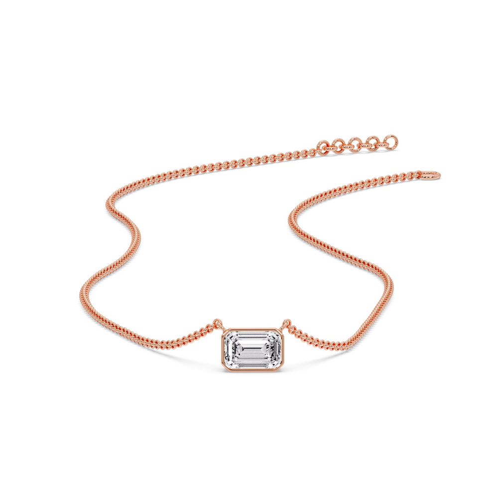 Emerald Diamond Bezel Set Solitaire Pendant with 14K Rose Gold White Diamond