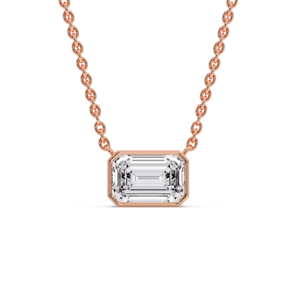 Emerald Floating Diamond Solitaire Necklace with 14K Rose Gold White Diamond