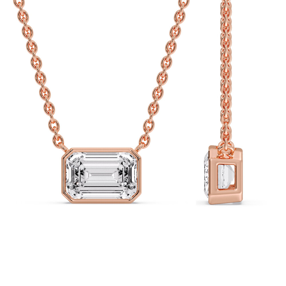 Emerald Floating Diamond Solitaire Necklace with 14K Rose Gold White Diamond
