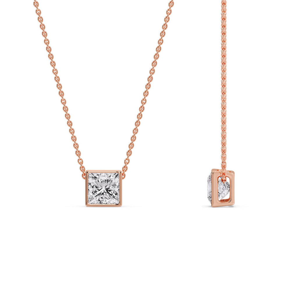 Minimalism Princess Diamond Solitaire Pendant with 14K Rose Gold White Diamond