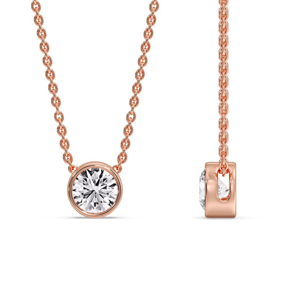 One Carat Round Bezel Solitaire Pendant with 14K Rose Gold White Diamond