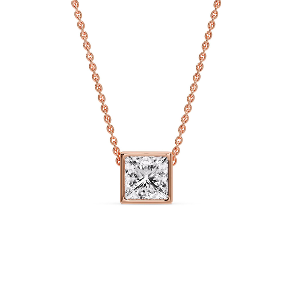 Princess Cut Square Bezel Set Solitaire Pendant with 14K Rose Gold White Diamond