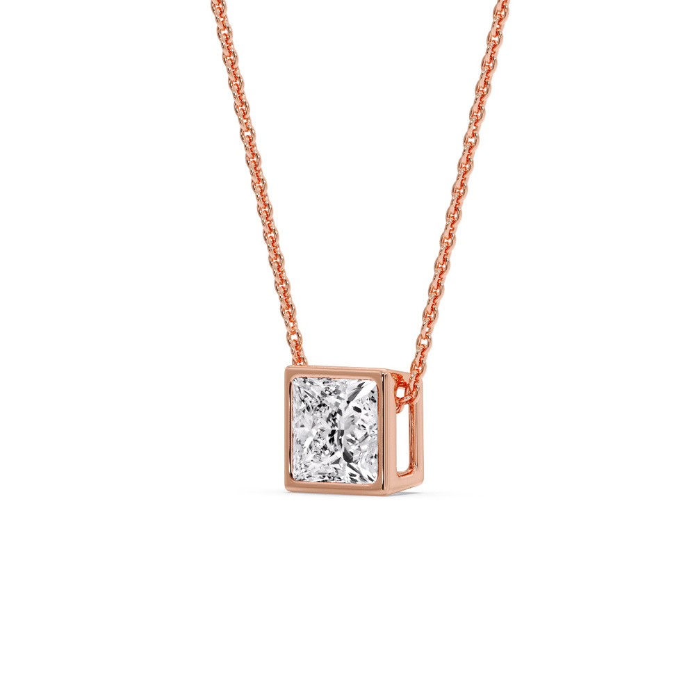 Princess Cut Square Bezel Set Solitaire Pendant with 14K Rose Gold White Diamond