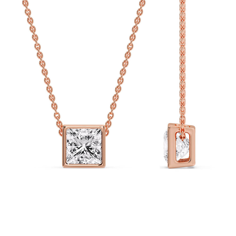 Princess Cut Square Bezel Set Solitaire Pendant with 14K Rose Gold White Diamond