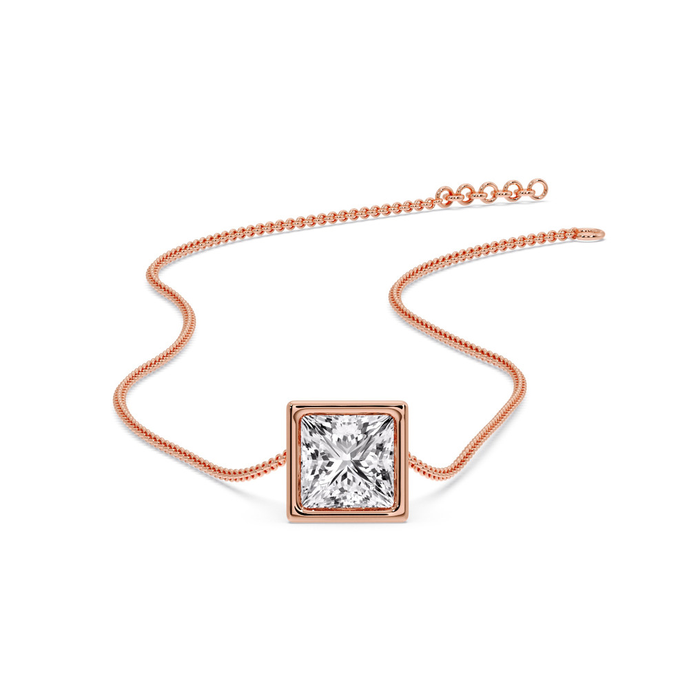 Princess Cut Square Bezel Set Solitaire Pendant with 14K Rose Gold White Diamond