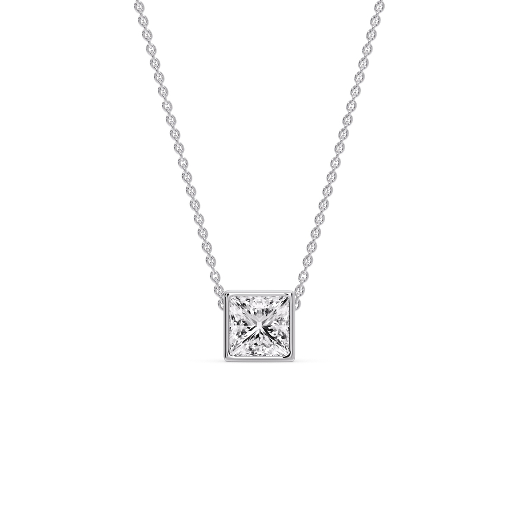 Princess Diamond Bezel Set Solitaire Pendant with 14K White Gold White Diamond