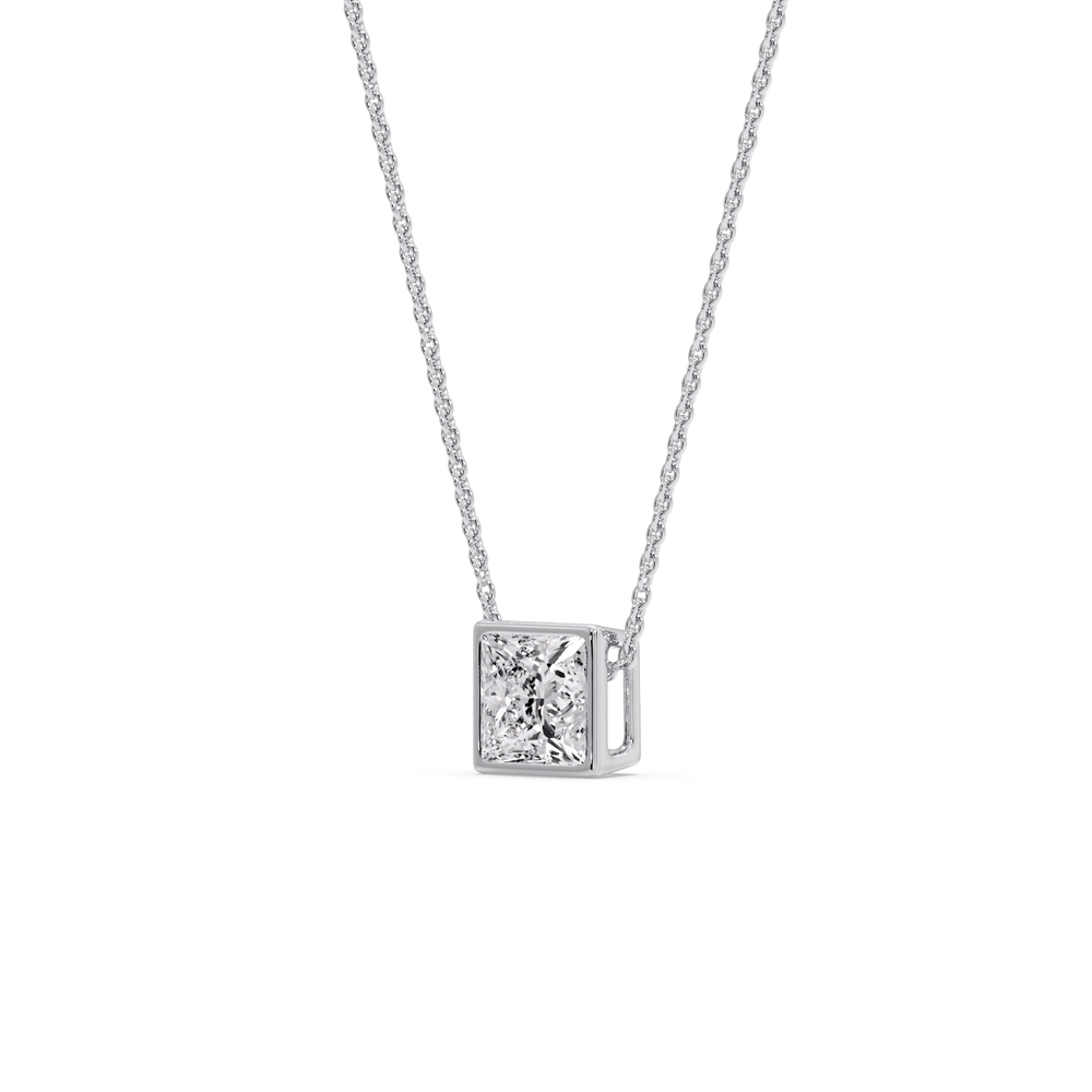 Princess Diamond Bezel Set Solitaire Pendant with 14K White Gold White Diamond
