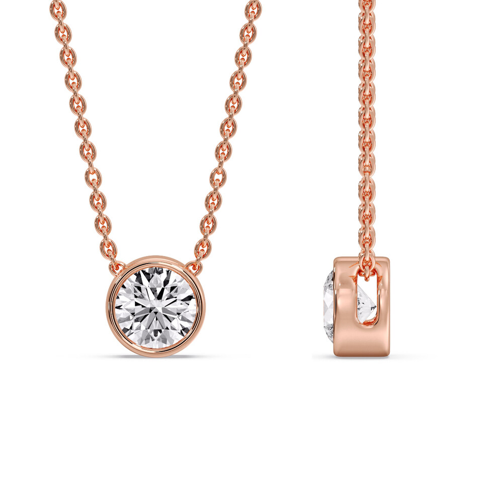 Round Bezel Solitaire Diamond 1.50 Carat Pendant with 14K Rose Gold White Diamond