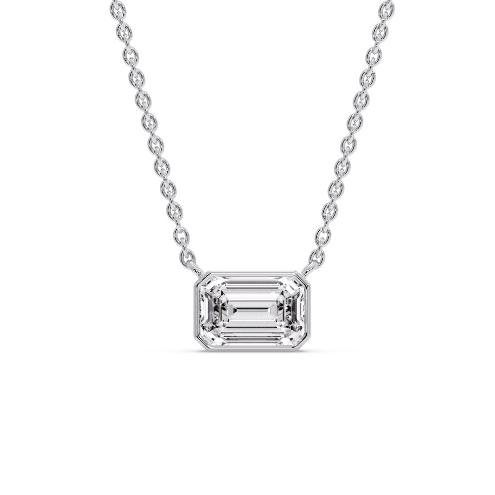 Solitaire Emerald Cut Diamond Bezel Pendant with 14K White Gold White Diamond