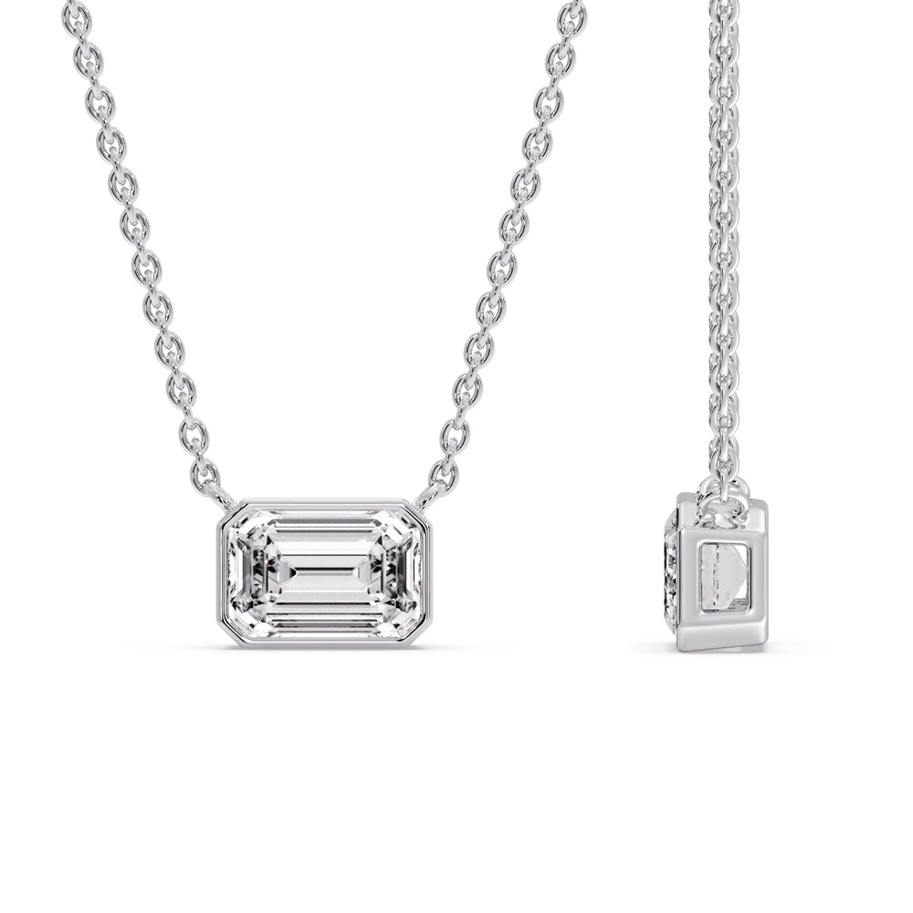 Solitaire Emerald Cut Diamond Bezel Pendant with 14K White Gold White Diamond