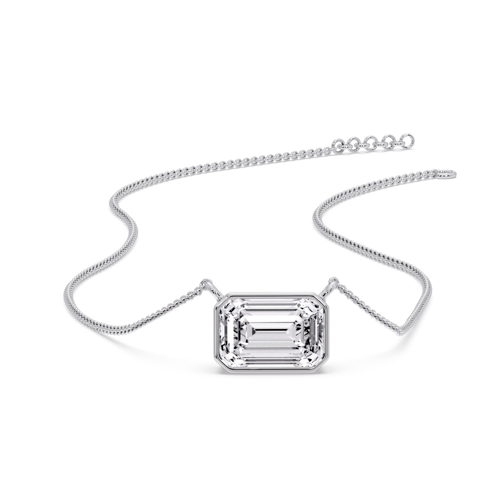 Solitaire Emerald Cut Diamond Bezel Pendant with 14K White Gold White Diamond