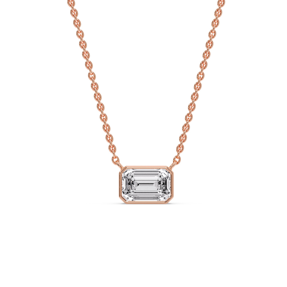 Solitaire Emerald Cut Diamond Pendant with 14K Rose Gold White Diamond